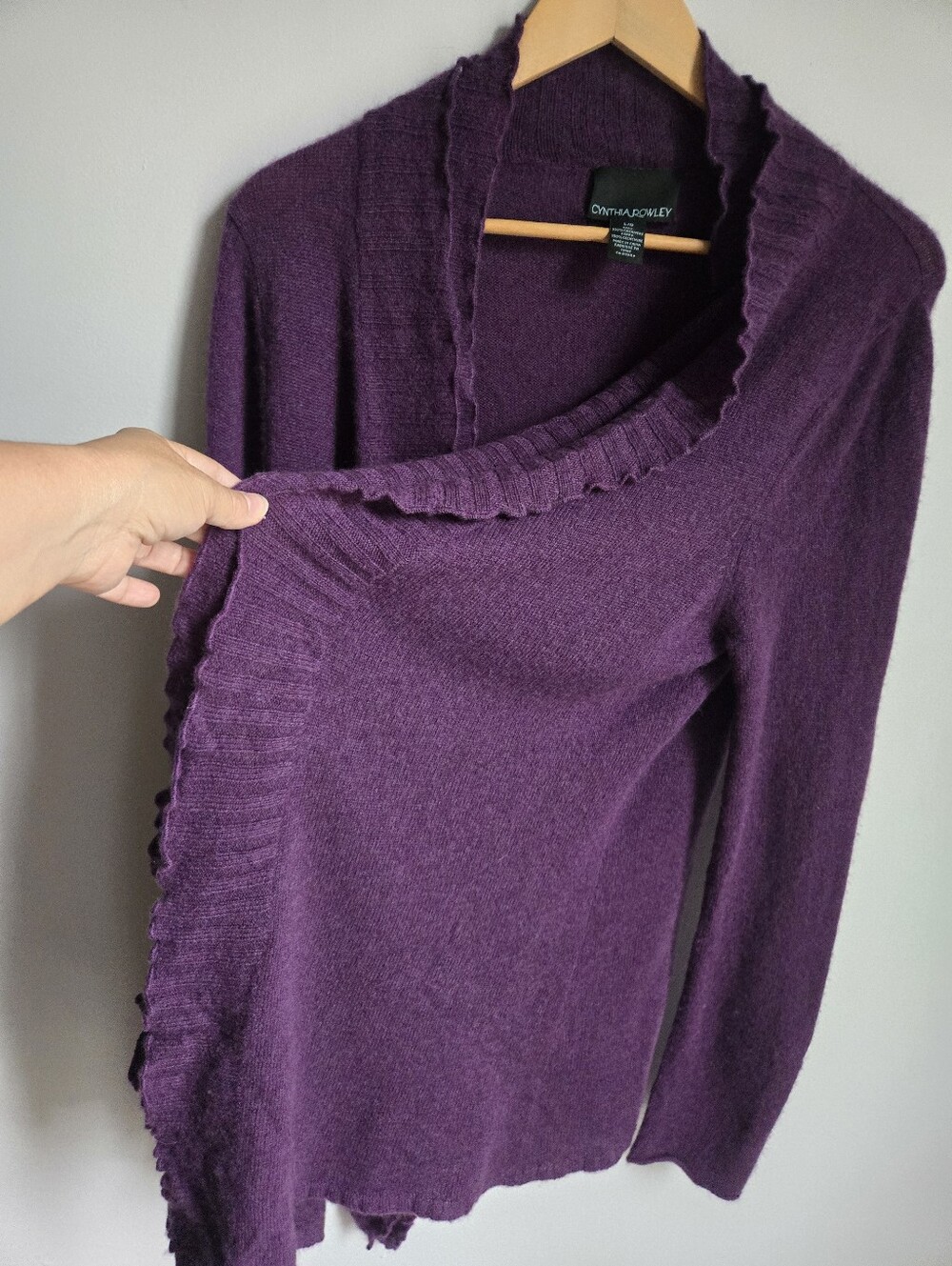 CYNTHIA ROWLEY Deep Purple Ruffle-Trim Cashmere Open Cardigan - Picture 5 of 8